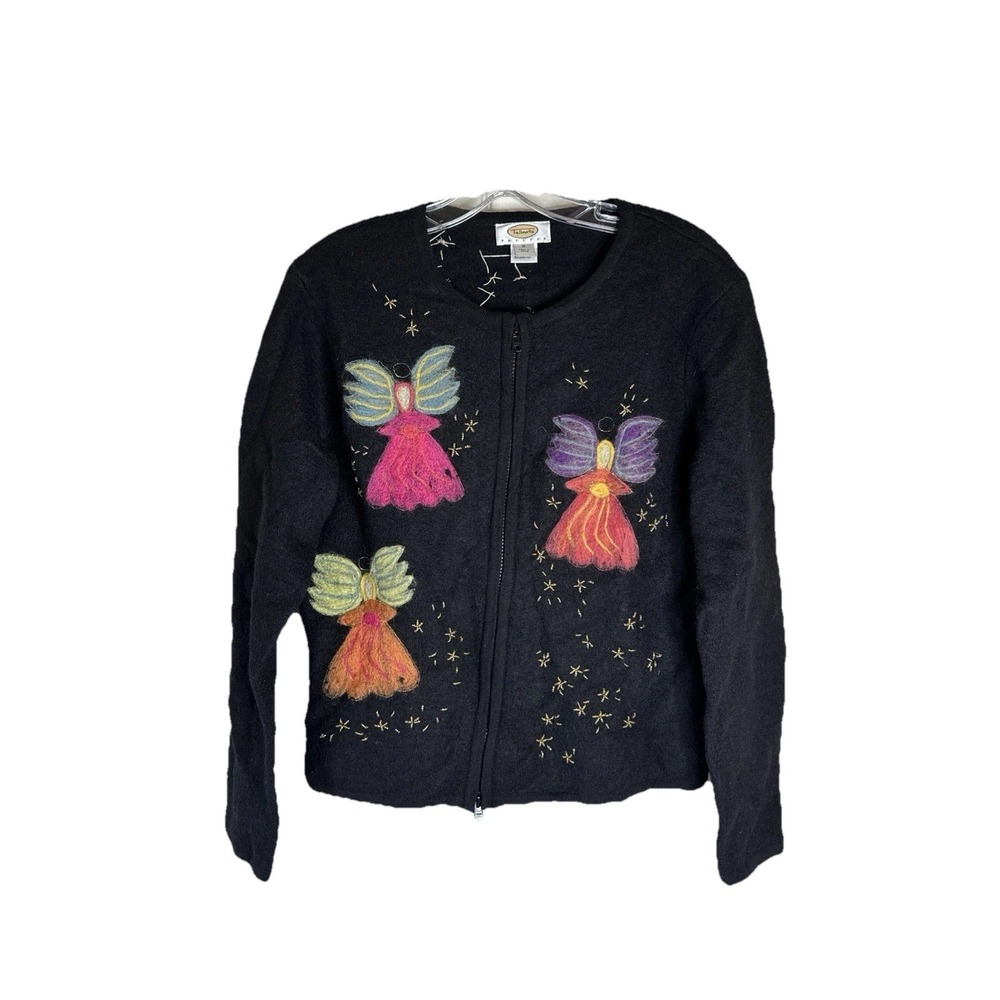 Vintage Talbots Women's Medium 100% Wool Cardigan Black Felted Angels Gold Beads